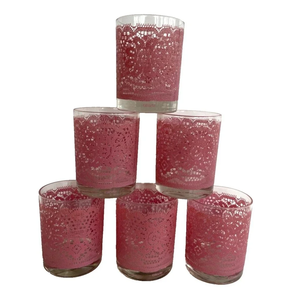 Set of 6 MCM Barware Highball Glasses Pink Lace TasteSetter Vintage Retro RARE